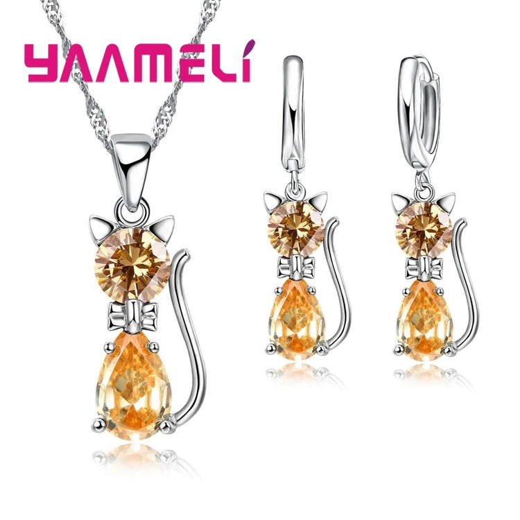Real 925 Sterling Silver Color Jewelry Sets for Woman Girls Shining Austrian Crystal Cute Cat Pendant Necklace Huggie Earring - DaHui