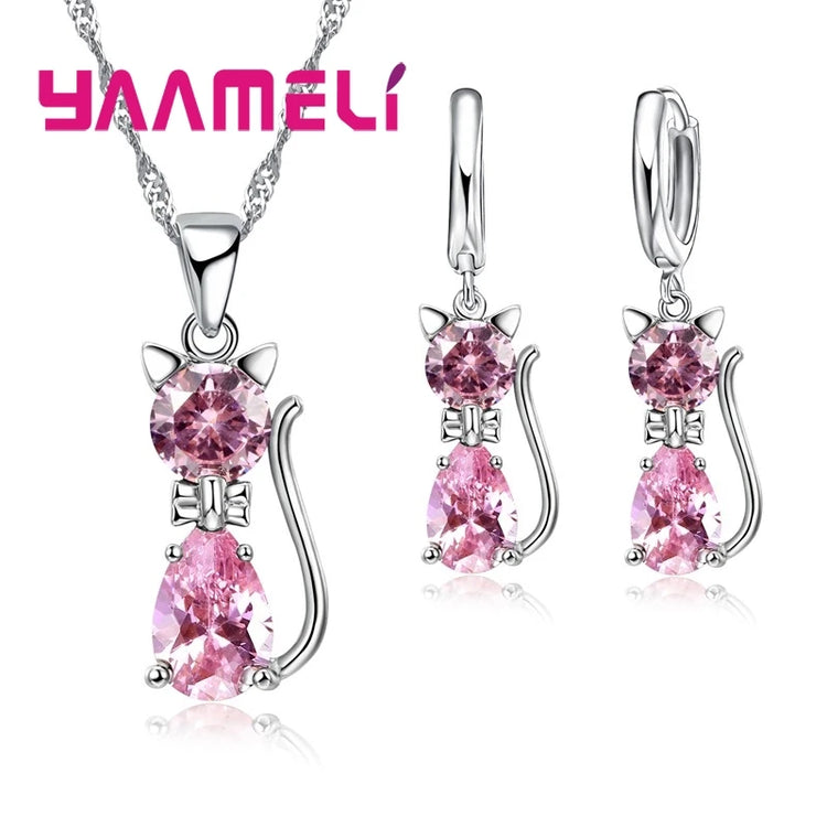 Real 925 Sterling Silver Color Jewelry Sets for Woman Girls Shining Austrian Crystal Cute Cat Pendant Necklace Huggie Earring - DaHui