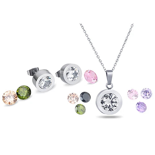 Alt Tag: wedding crystal choker necklace and earring set with silver-tone pendant necklace, crystal stud earrings, and colorful gemstone accents
