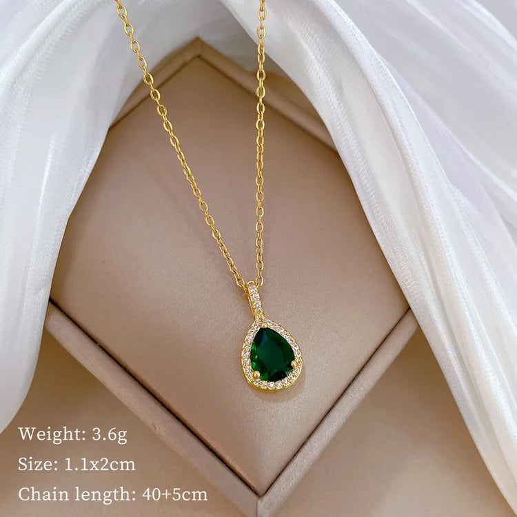 Luxury Classic Gold Color Stainless Steel Green Crystal Water Drop Pendant Necklace for Women Retro Party Collar Jewelry Gift - DaHui