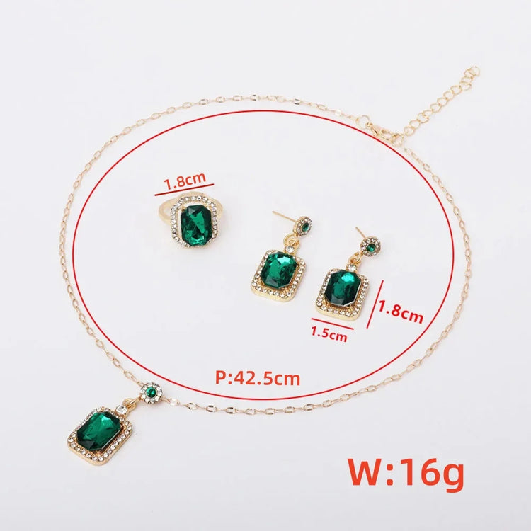 4PCS Sets Exquisite Quadrate Rhinestone Necklace Earrings Ring Jewelry Set Charm Ladies Jewelry Fashion Bridal Gifts - DaHui