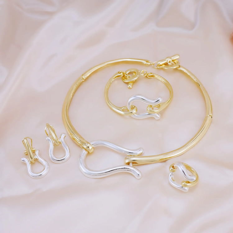Alt Tag: gold choker necklace jewelry set for women with matching earrings, bracelet, and ring in gold and silver tone