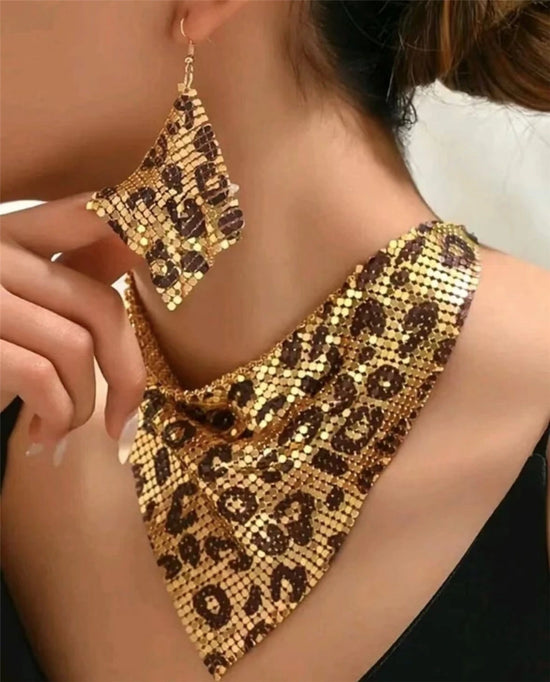 Sexy leather leopard print jewelry set bib necklace and dangle earrings for party night out