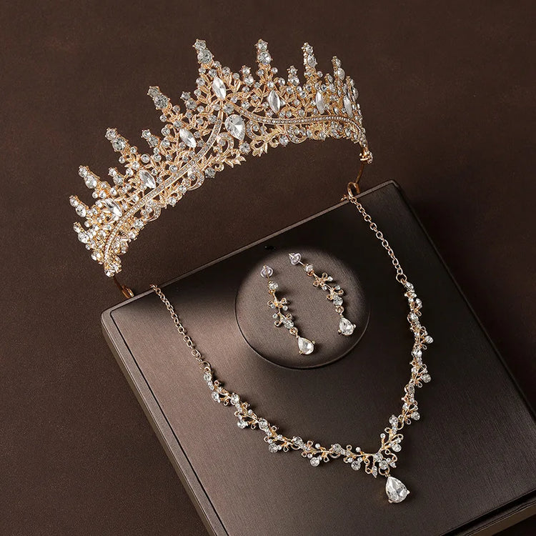 Bridal Wedding Jewelry 4-piece Set, Alloy Crystal Crown&Crystal Necklace&Earrings Women&