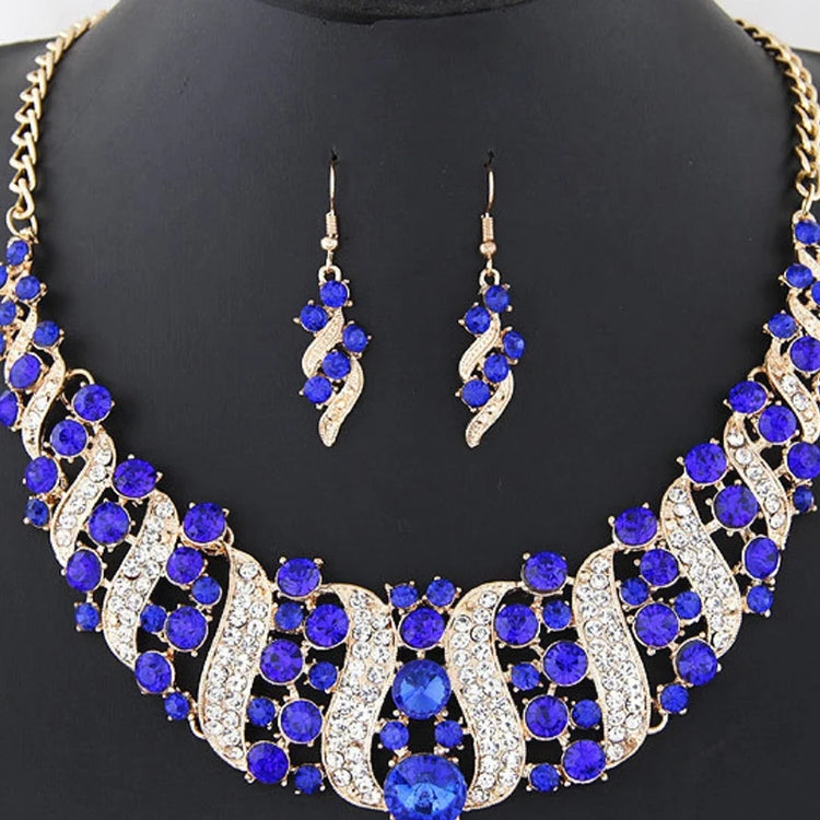 crystal bridal necklace and earrings set with blue crystal rhinestones and silver-tone statement necklace and matching drop earrings