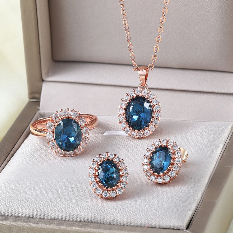 Wedding Jewelry Set For Women Rose Gold Color Created Green Austrian Crystal With 3 Pcs Ring + Necklace + Eearrings ZYS107 - DaHui