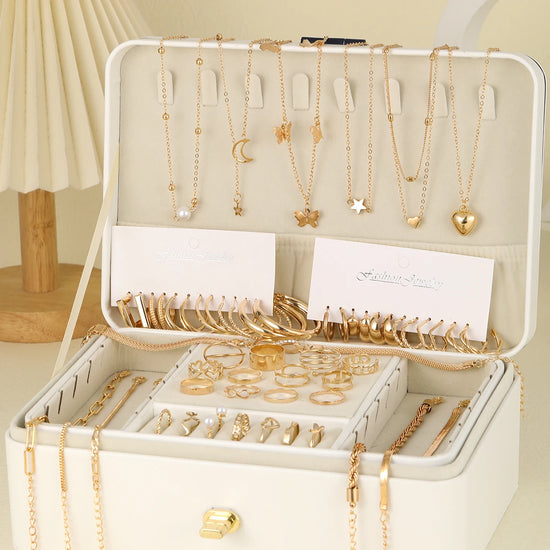 Elegant Vintage Chic Jewelry Set Including Pendant Necklaces,Twisted C-Hoop Earrings,Gold Color Rings,Bracelet ,Daily Outfits - DaHui