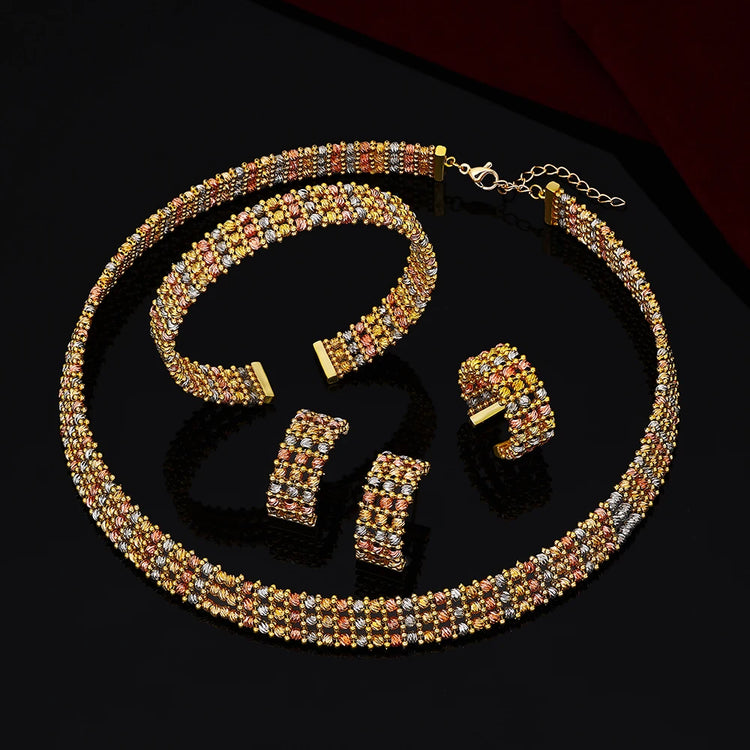 Alt Tag: gold plated Arabic bridal jewelry set featuring crystal necklace, cuff bracelet, earrings and ring for women wedding accessories