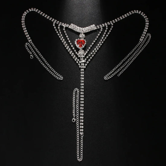 Stonefans red heart body jewelry waist chain with trendy crystal design for summer club fashion.