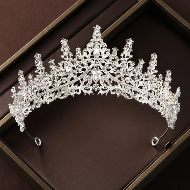 Alt Tag: bridal crystal tiara necklace earrings set silver rhinestone wedding tiara crown headpiece