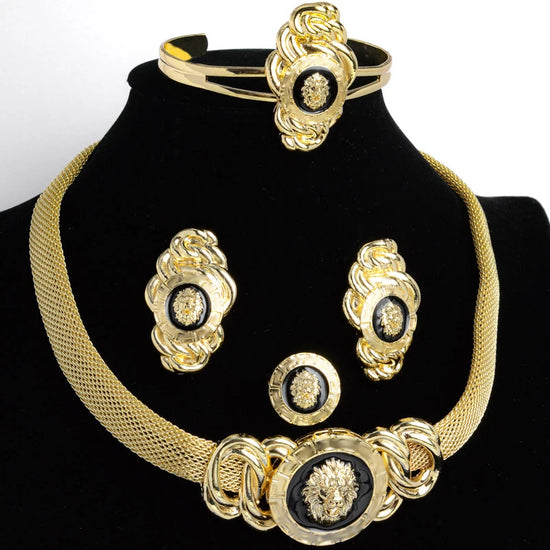 Alt Tag: 18k gold plated Dubai jewelry set for women necklace earrings bracelet and ring on black display
