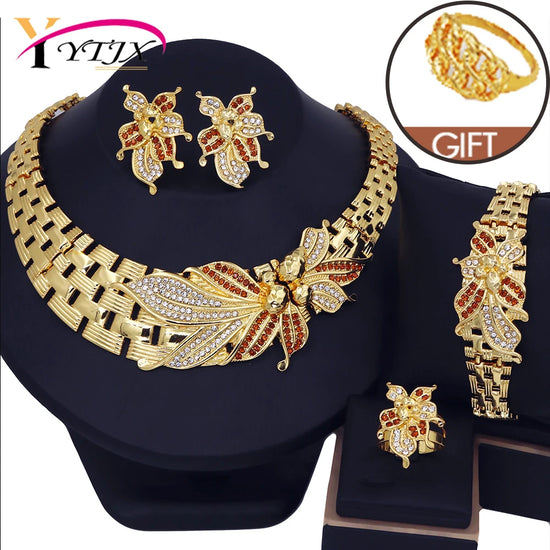 Alt Tag: 18K gold plated wedding jewelry set for women gold necklace earrings bracelet ring floral crystal bridal set gift