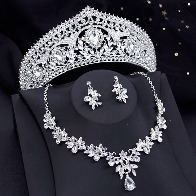 red bridal tiara necklace earrings set with crystal rhinestone crown, matching necklace and drop earrings for wedding or prom