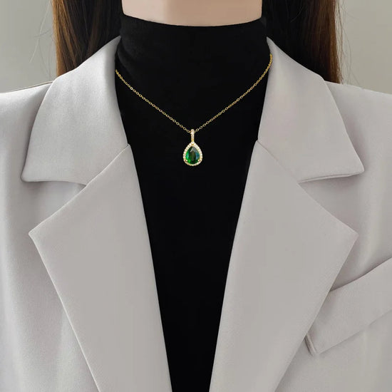 Luxury Classic Gold Color Stainless Steel Green Crystal Water Drop Pendant Necklace for Women Retro Party Collar Jewelry Gift - DaHui