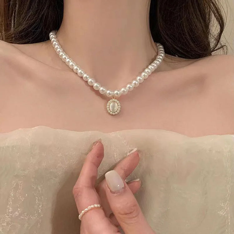 Trend Elegant Jewelry Wedding Big Pearl Pendant Chain Necklace For Women Fashion White Imitation Pearl Choker Necklace - DaHui