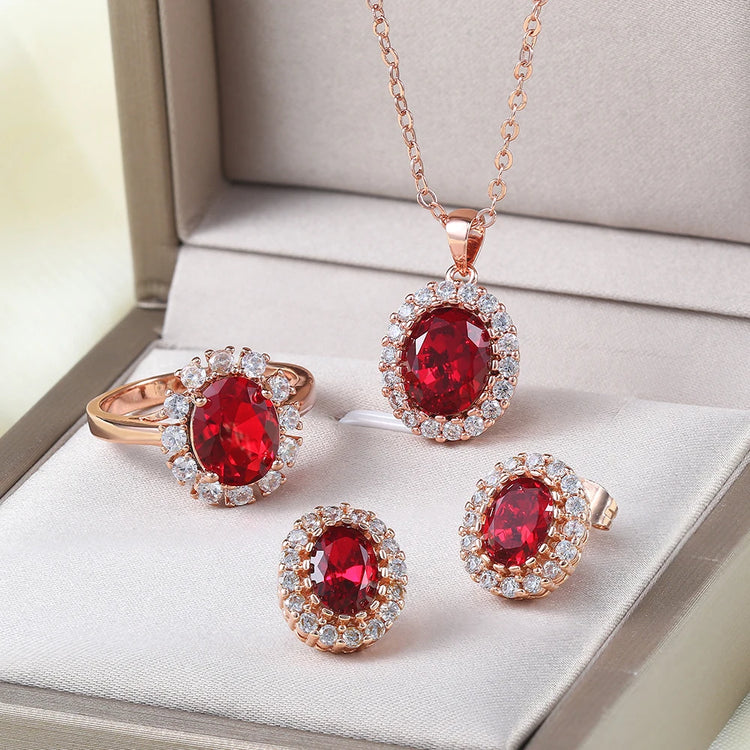Wedding Jewelry Set For Women Rose Gold Color Created Green Austrian Crystal With 3 Pcs Ring + Necklace + Eearrings ZYS107 - DaHui