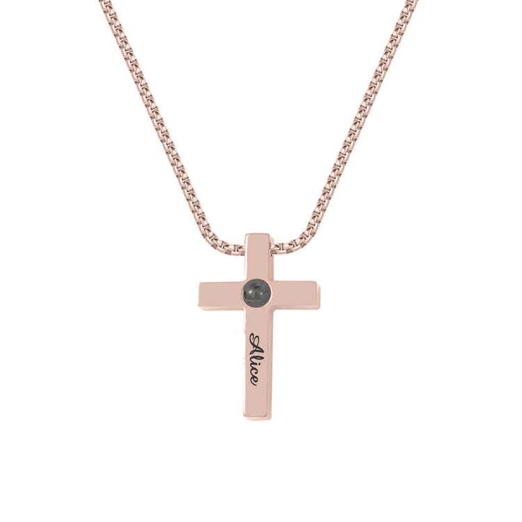 Custom cross projection necklace for men in rose gold with personalized engraving and link chain design.