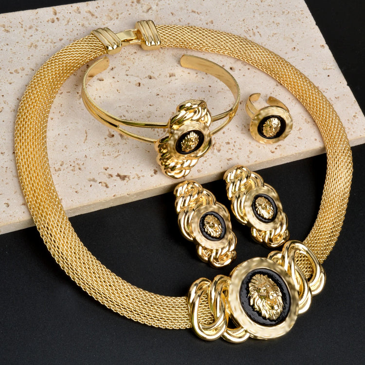 Alt Tag: 18k gold plated Dubai jewelry set for women with mesh necklace, bracelet, earrings and ring in 18K gold color