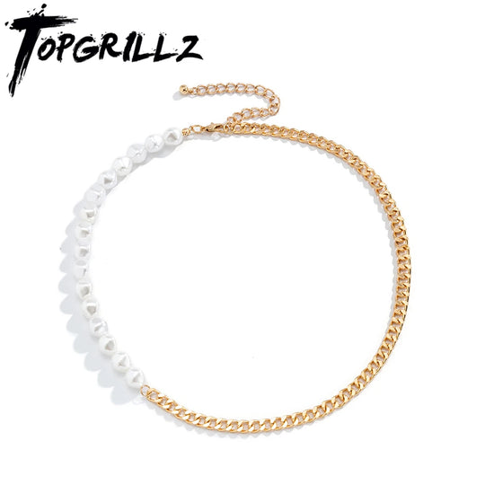 TOPGRILLZ adjustable hip hop pearl necklace featuring stainless steel and freshwater pearls in a stylish design.