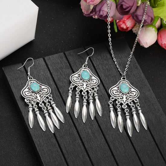 2023 Indian Jewelry Set Ethnic Silver Plated Geometric Carved Tassel Earring Necklace Women&