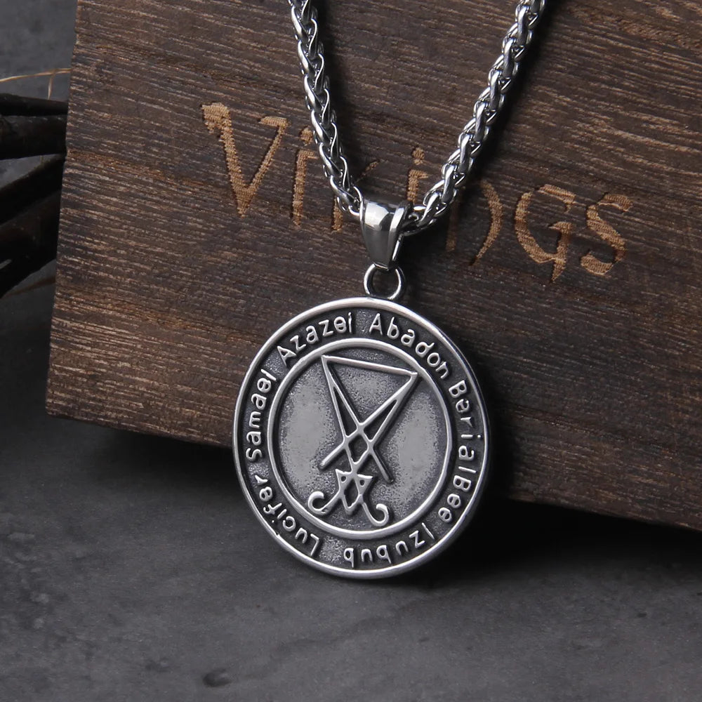 large baphomet stainless steel pendant necklace on a chain with intricate design