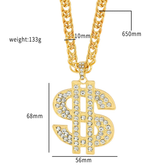 Hip Hop Rap Gold Dollar Pendant Necklace with Rhinestones, 56mm x 68mm, Luxury Chain for Jewelry Accessories