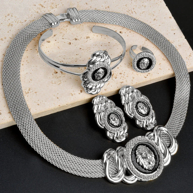 Alt Tag: 18k gold plated Dubai jewelry set for women silver tone necklace bracelet earrings ring with textured circular design