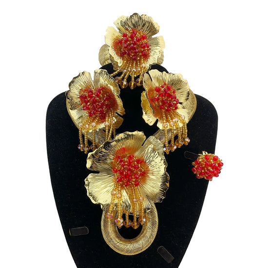 brazilian bridal jewelry set for women vintage gold-tone alloy flower necklace earrings ring bracelet wedding occasion
