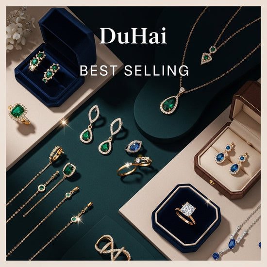 Alt Tag: jewelry gifts for her best selling DuHai emerald, sapphire and diamond necklaces, rings and earrings in gift boxes