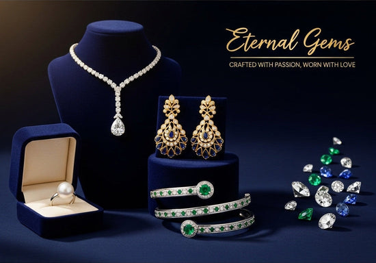 why choose gold plated jewelry: luxury gemstone necklace, earrings, rings and bracelet set displayed in blue velvet boxes