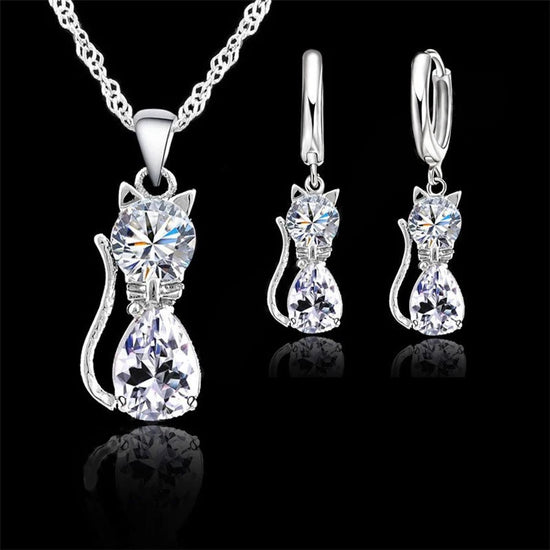 Real 925 Sterling Silver Color Jewelry Sets for Woman Girls Shining Austrian Crystal Cute Cat Pendant Necklace Huggie Earring - DaHui