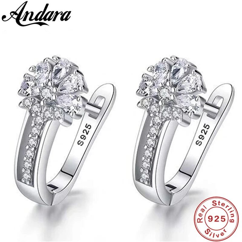 Alt Tag: 925 sterling silver zircon flower earrings by Andara, sparkling floral hoop earrings with clear zircon stones, S925 sterling silver