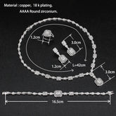 Alt Tag: rhinestone crystal bridal jewelry set necklace bracelet earrings with zirconium stones, 18k plated copper, size measurements diagram