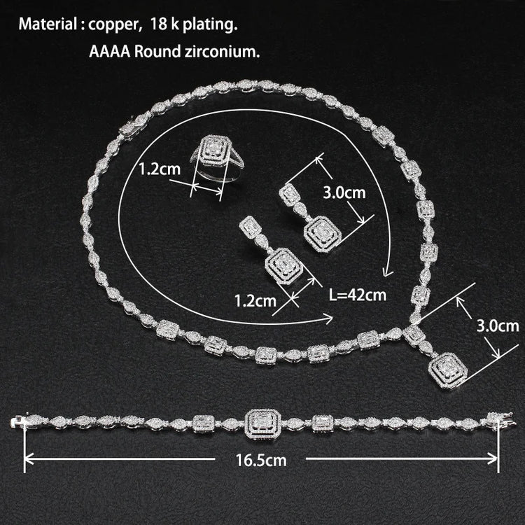 Alt Tag: rhinestone crystal bridal jewelry set necklace bracelet earrings with zirconium stones, 18k plated copper, size measurements diagram