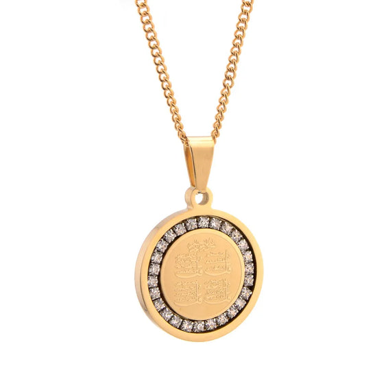 Islamic pendant necklace for women featuring a gold-plated design with intricate patterns and sparkling accents.