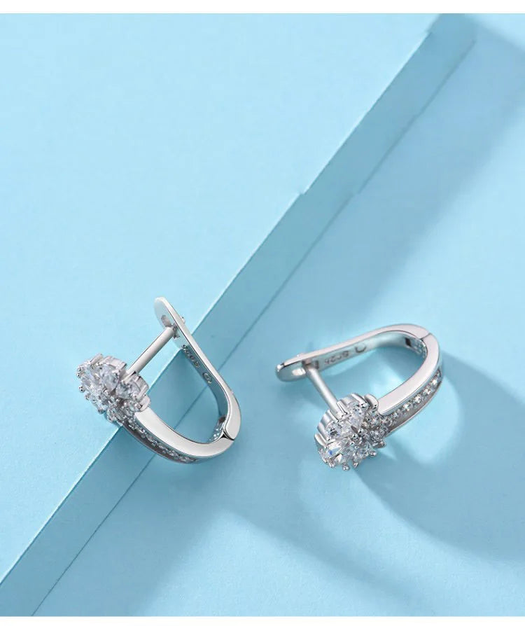 Alt Tag: 925 sterling silver zircon flower earrings, sparkling crystal floral hoop earrings in silver, elegant women’s jewelry