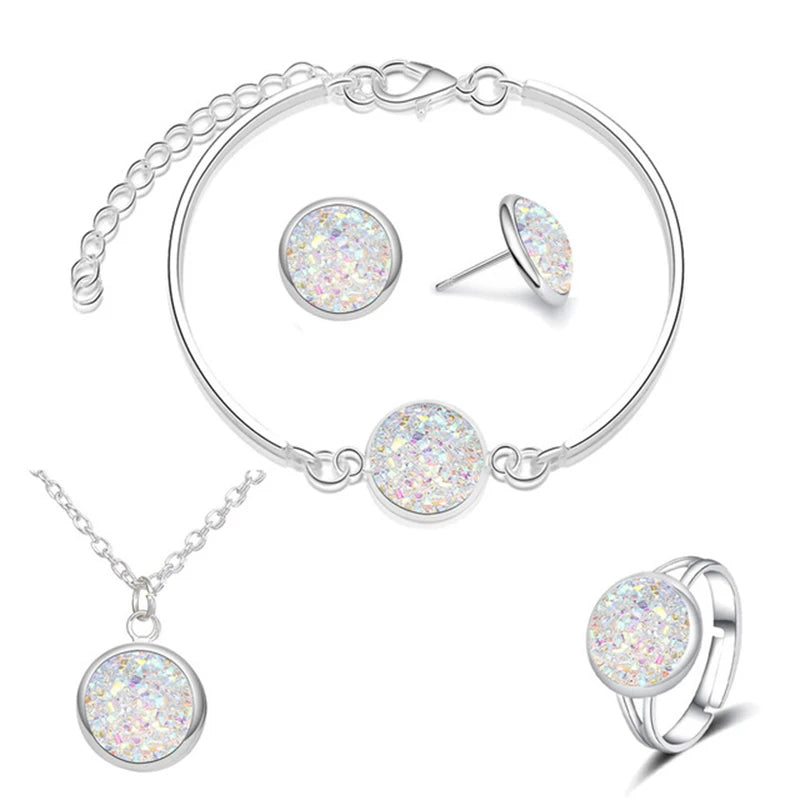 Luxury Quality Quartz Rhinestone Jewelry Sets for Women Simple Round Earrings Necklaces Set Bridal 4 Piece Silver Plated Jewelry - DaHui
