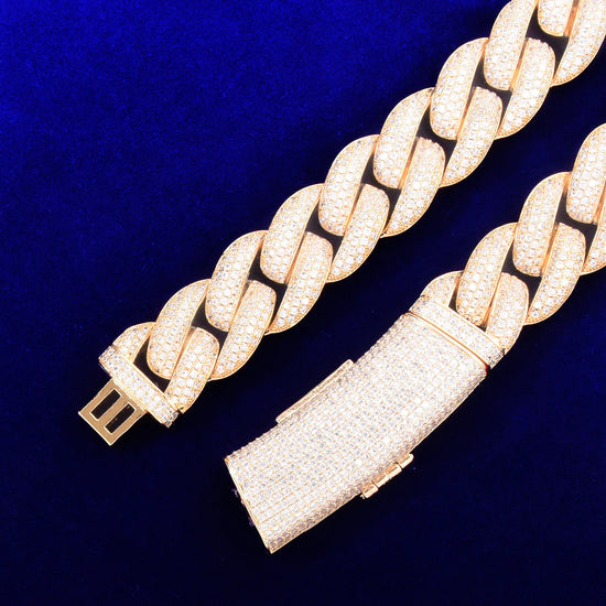 Miami Cuban link chain necklace with dazzling cubic zirconia, showcasing a luxurious gold finish, ideal hip hop jewelry.