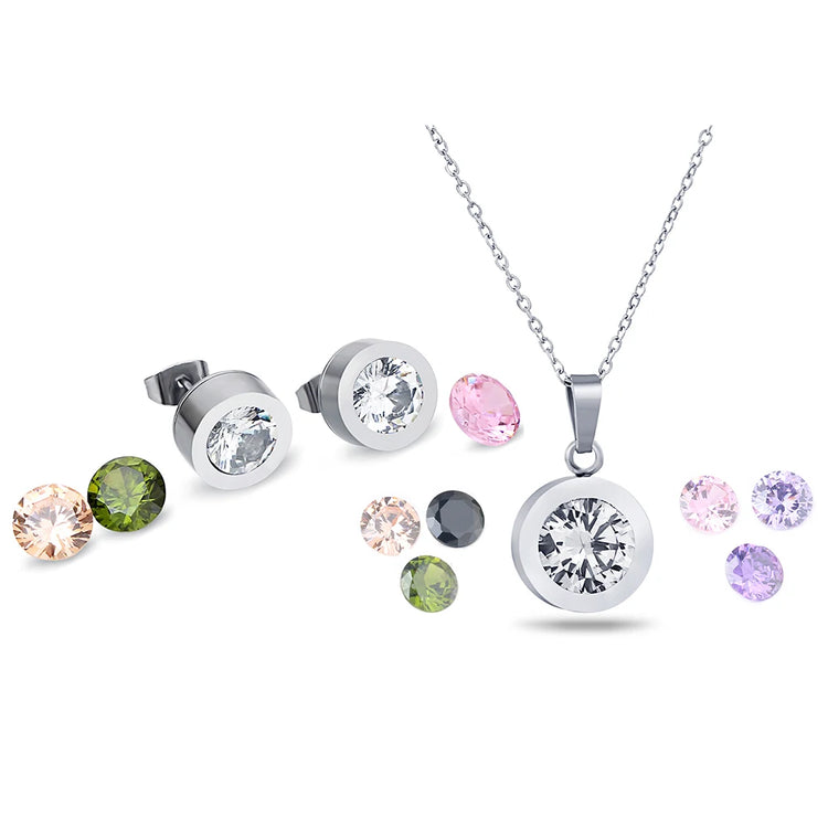 Alt Tag: wedding crystal choker necklace and earring set silver pendant necklace stud earrings with interchangeable crystal stones
