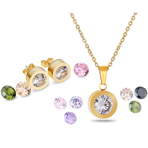Alt Tag: wedding crystal choker necklace and earring set gold round crystal pendant necklace with matching stud earrings