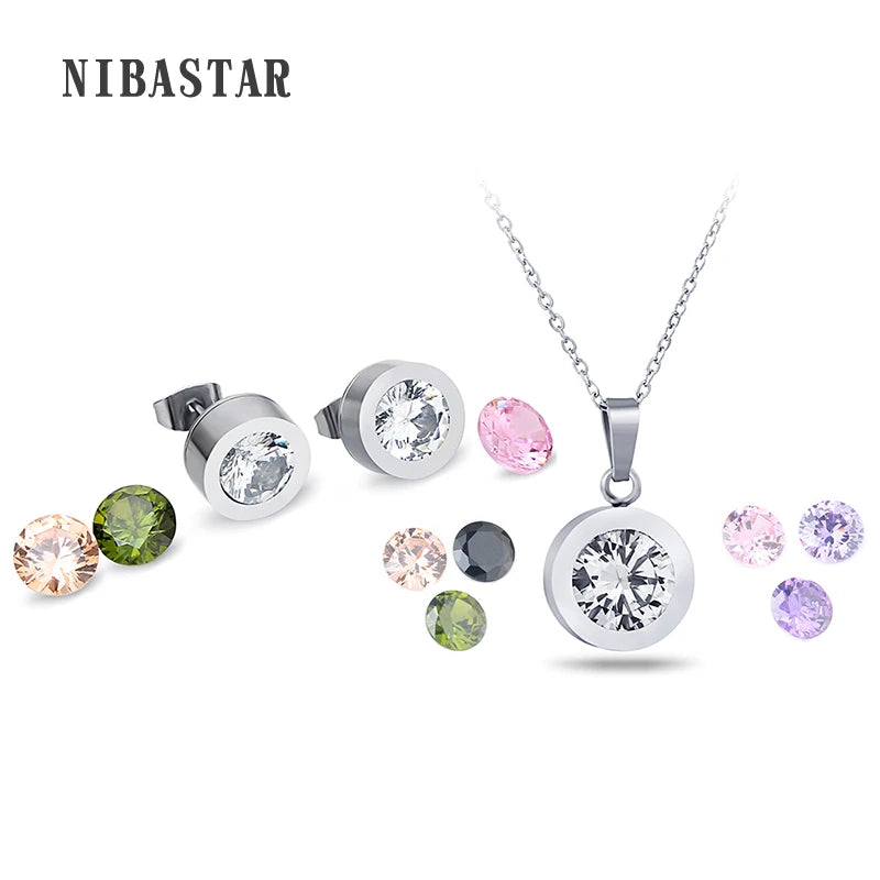 Alt Tag: wedding crystal choker necklace and earring set with round crystal stud earrings and matching pendant necklace, silver tone bridal jewelry