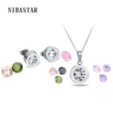 Alt Tag: wedding crystal choker necklace and earring set with round crystal stud earrings and matching pendant necklace, silver tone bridal jewelry