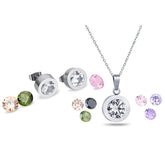 Alt Tag: wedding crystal choker necklace and earring set with silver-tone pendant necklace, crystal stud earrings, and colorful gemstone accents