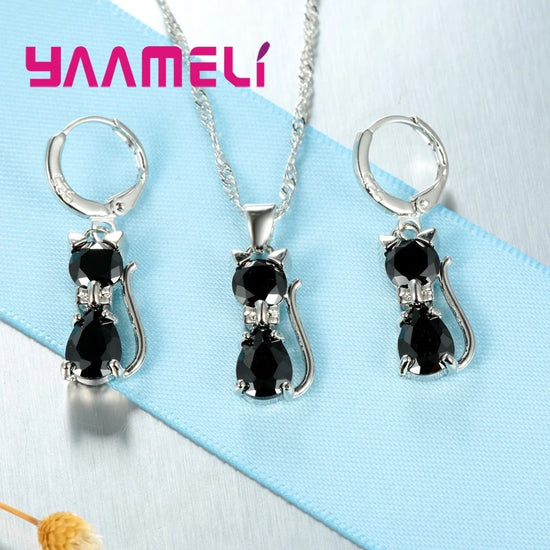 Real 925 Sterling Silver Color Jewelry Sets for Woman Girls Shining Austrian Crystal Cute Cat Pendant Necklace Huggie Earring - DaHui