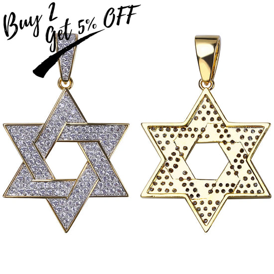 Gold plated hip hop pendant necklace featuring a Star of David design with micro pave CZ stones.