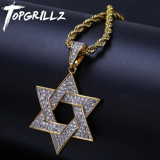TOPGRILLZ gold plated hip hop pendant necklace with micro pave CZ stone Star of David design and rope chain