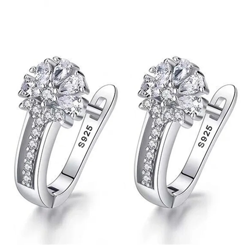 Alt Tag: 925 sterling silver zircon flower earrings S925 hoop huggie earrings with sparkling crystal floral design for women