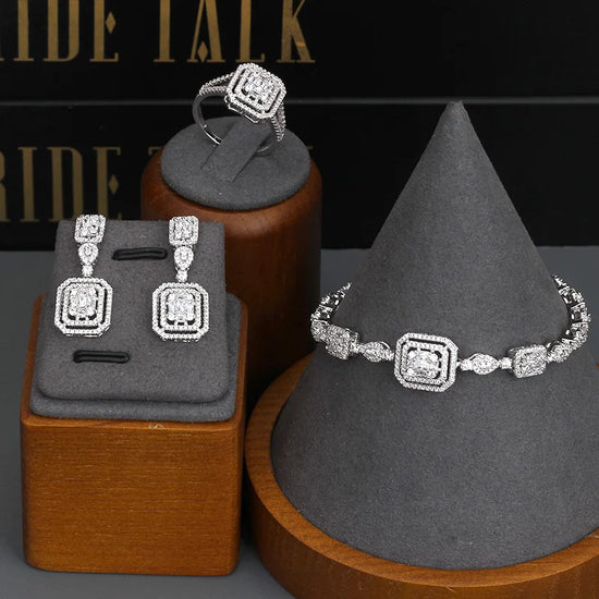Alt Tag: rhinestone crystal bridal jewelry set with square halo ring, bracelet and drop earrings for women wedding accessories