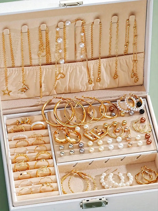 Alt Tag: elegant pearl jewelry set for women in gold-tone case, featuring pearl earrings, necklaces, rings, and bracelets