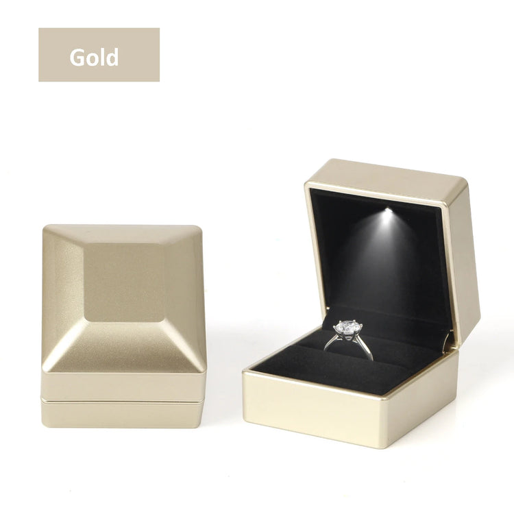 Modern velvet LED velvet ring box with light jewelry ring box for proposal engagement wedding, gold LED light display case